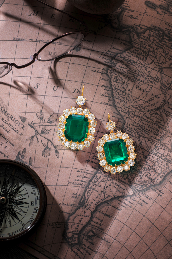 These step-cut emerald and diamond earrings, weighing 10.91 and 10.26 carats, are expected to sell for $3,80,000-$4,800,000